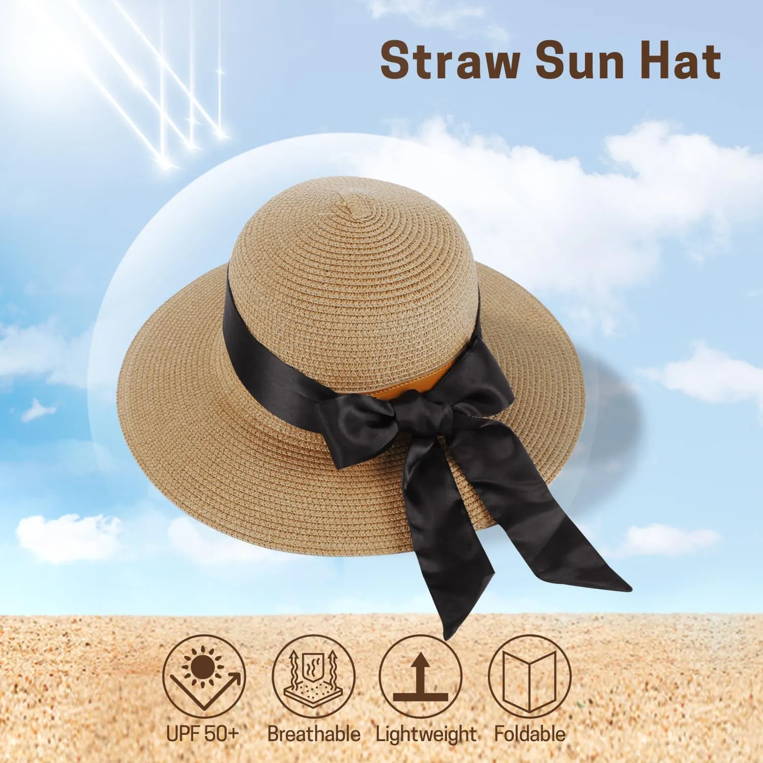 Summer Straw Hats for Women, Wide Brim Beach Hat, Boho Sun Hats with Detachable Silk Tie, Packable Travel Bucket Hat - UPF 50