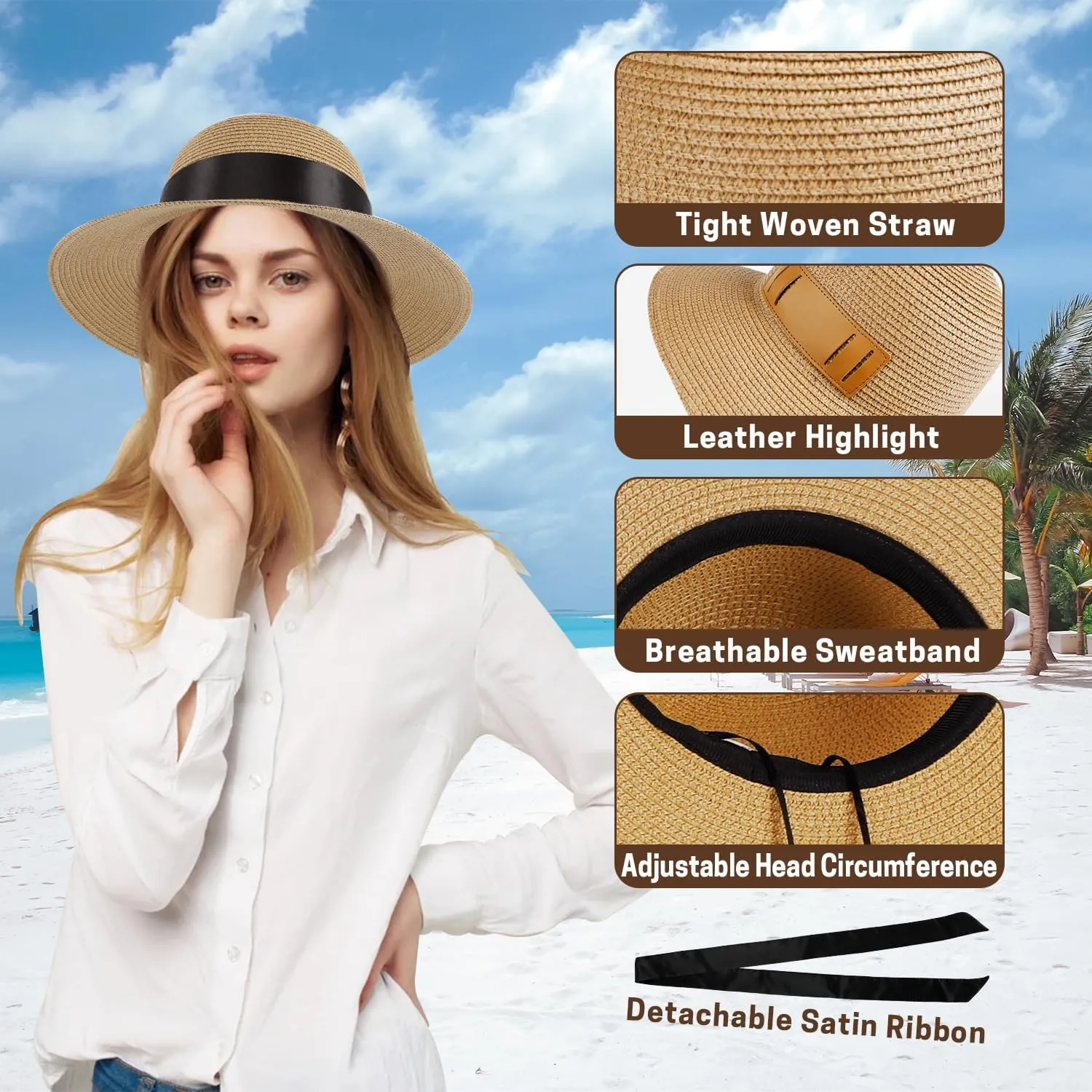 Summer Straw Hats for Women, Wide Brim Beach Hat, Boho Sun Hats with Detachable Silk Tie, Packable Travel Bucket Hat - UPF 50