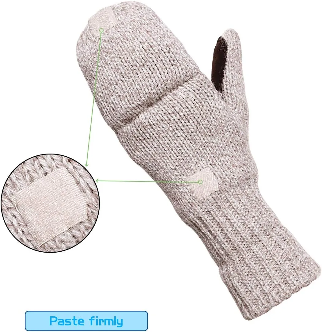 Winter Knitted Fingerless Wool Gloves Thermal Insulation Warm Convertible Mittens Flap Cover for Men Women