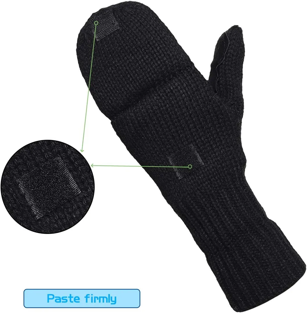 Winter Knitted Fingerless Wool Gloves Thermal Insulation Warm Convertible Mittens Flap Cover for Men Women