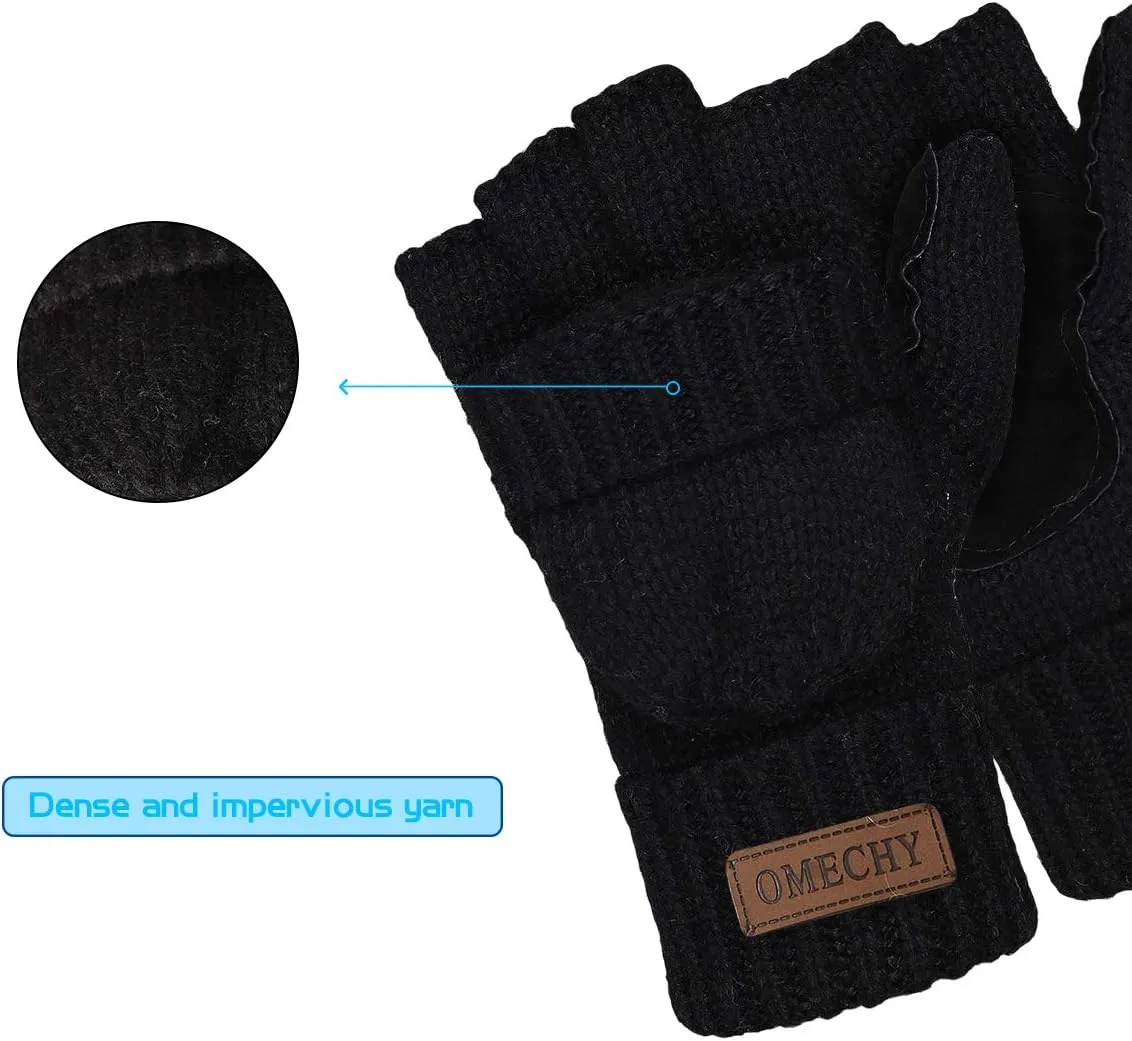 Winter Knitted Fingerless Wool Gloves Thermal Insulation Warm Convertible Mittens Flap Cover for Men Women