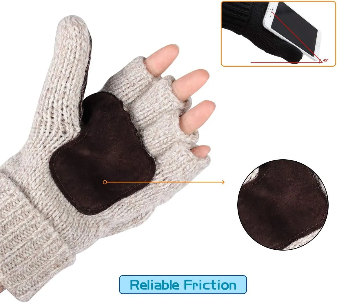 Winter Knitted Fingerless Wool Gloves Thermal Insulation Warm Convertible Mittens Flap Cover for Men Women