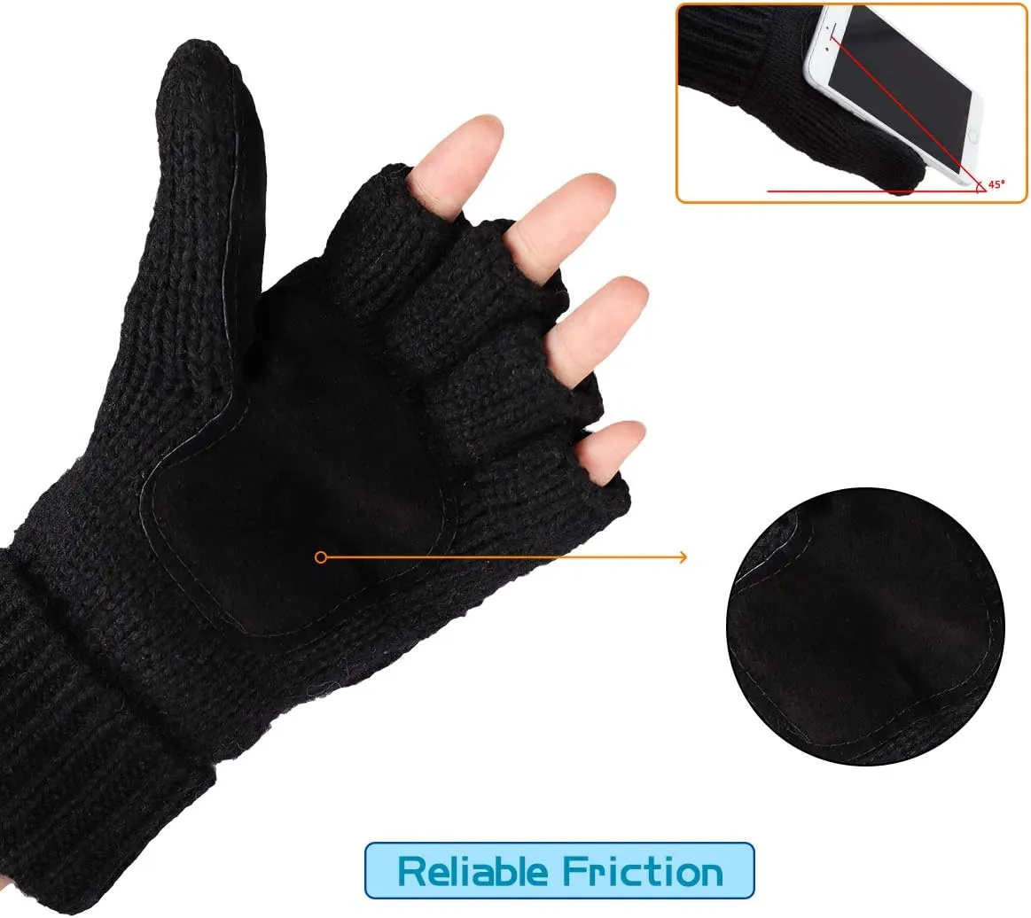 Winter Knitted Fingerless Wool Gloves Thermal Insulation Warm Convertible Mittens Flap Cover for Men Women