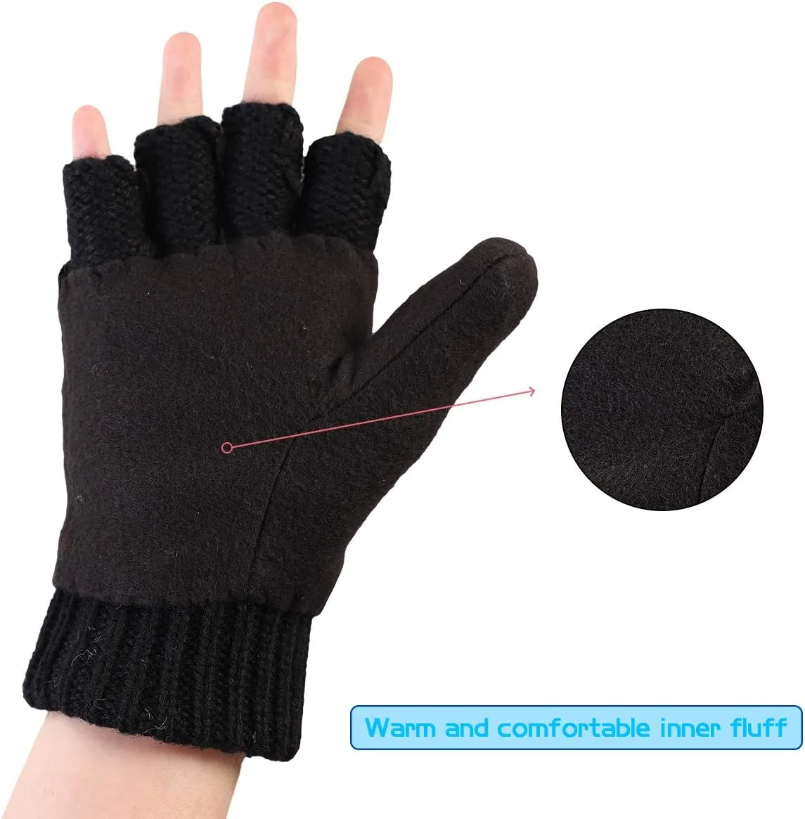 Winter Knitted Fingerless Wool Gloves Thermal Insulation Warm Convertible Mittens Flap Cover for Men Women