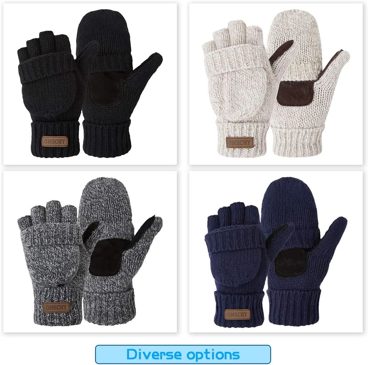 Winter Knitted Fingerless Wool Gloves Thermal Insulation Warm Convertible Mittens Flap Cover for Men Women