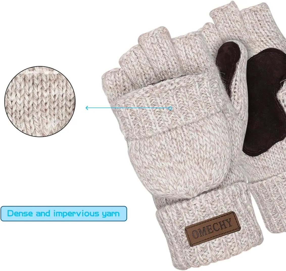 Winter Knitted Fingerless Wool Gloves Thermal Insulation Warm Convertible Mittens Flap Cover for Men Women