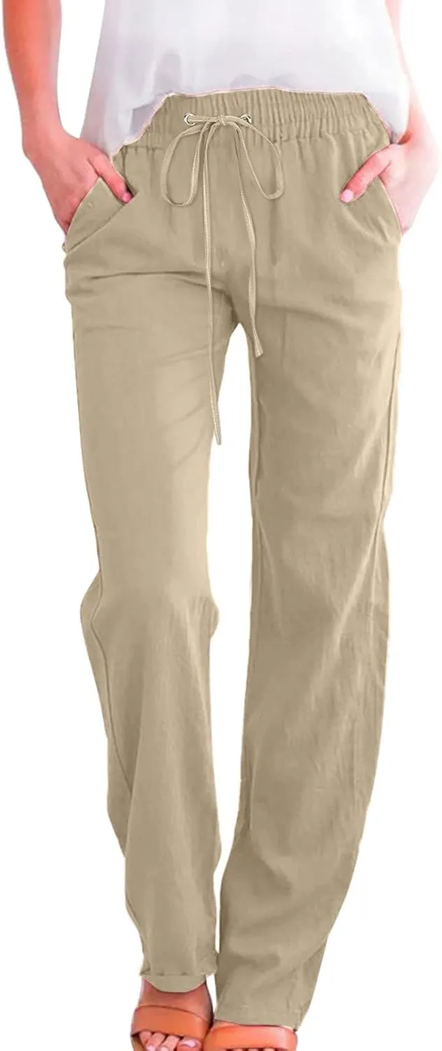 Women High Waisted Wide Leg Pants Casual Drawstring Elastic Trousers Comfy Straight Leg Long Pants with Pockets Womens Beige