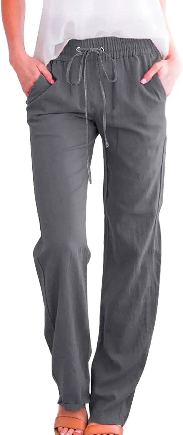 Women High Waisted Wide Leg Pants Casual Drawstring Elastic Trousers Comfy Straight Leg Long Pants with Pockets Womens Dark Gray