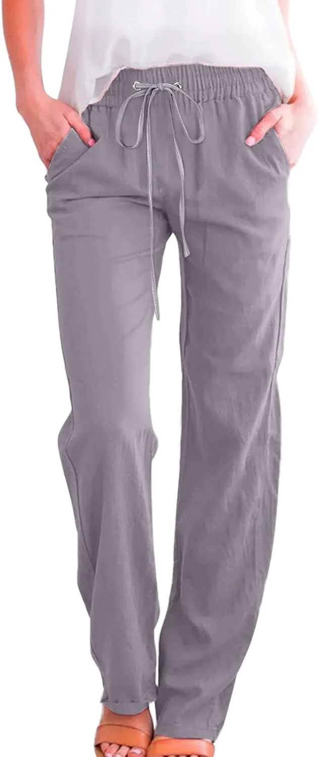 Women High Waisted Wide Leg Pants Casual Drawstring Elastic Trousers Comfy Straight Leg Long Pants with Pockets Womens Silver