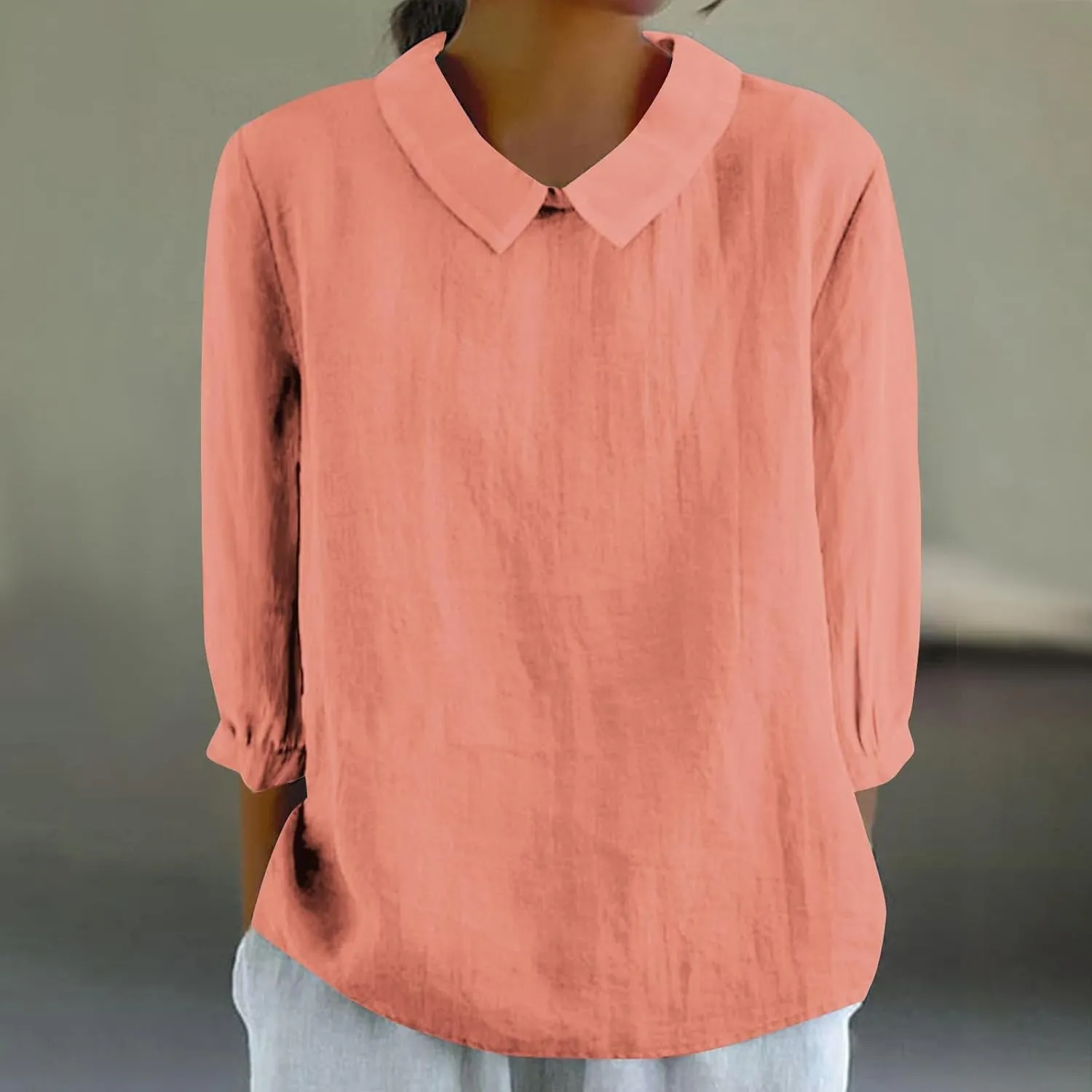 Womens 3/4 Sleeve Linen Shirts Cute Collared Tops Spring Summer Clothes Casual Plain Gauzy Tunic Tshirt Blouses