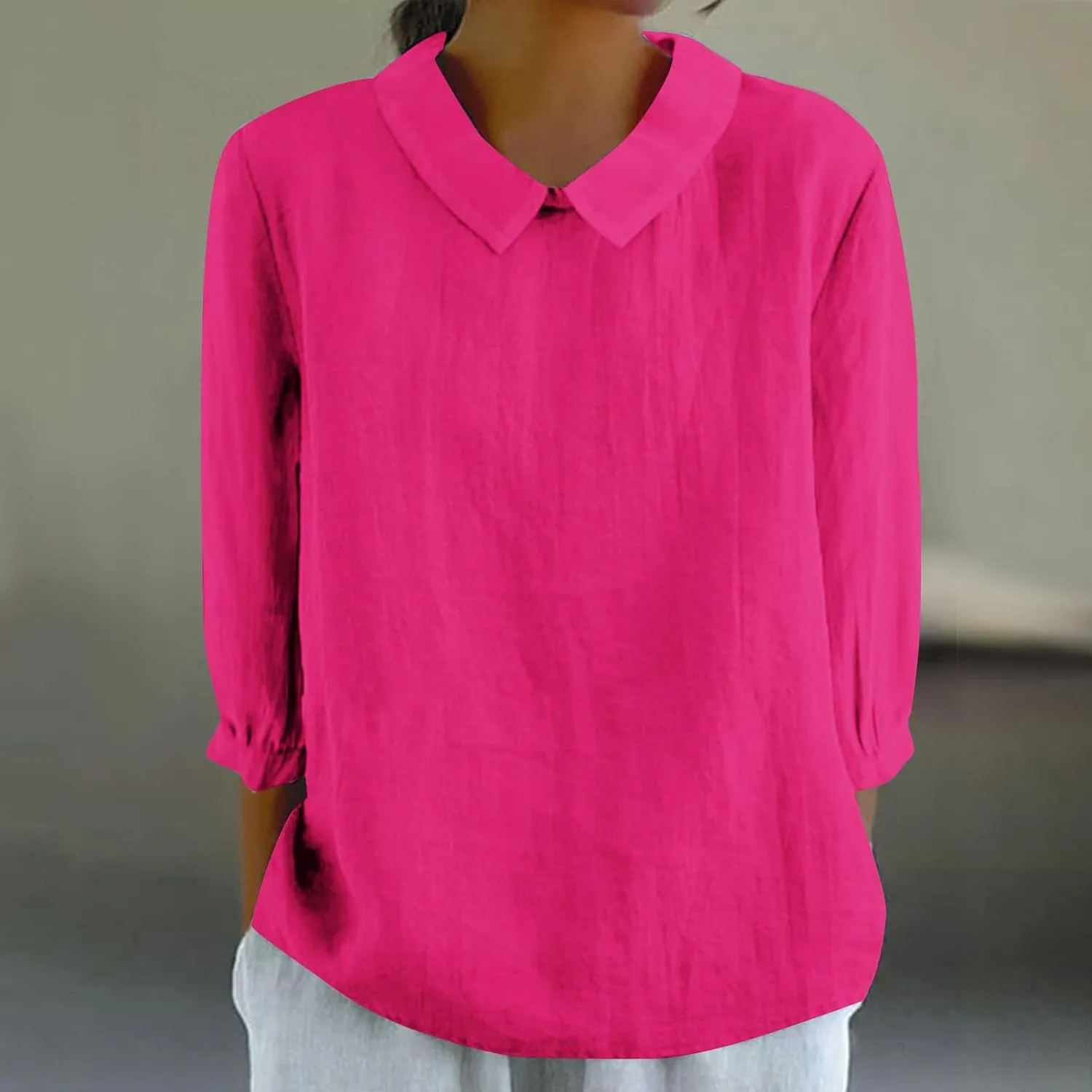 Womens 3/4 Sleeve Linen Shirts Cute Collared Tops Spring Summer Clothes Casual Plain Gauzy Tunic Tshirt Blouses