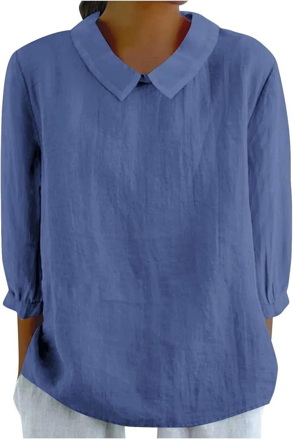 Womens 3/4 Sleeve Linen Shirts Cute Collared Tops Spring Summer Clothes Casual Plain Gauzy Tunic Tshirt Blouses