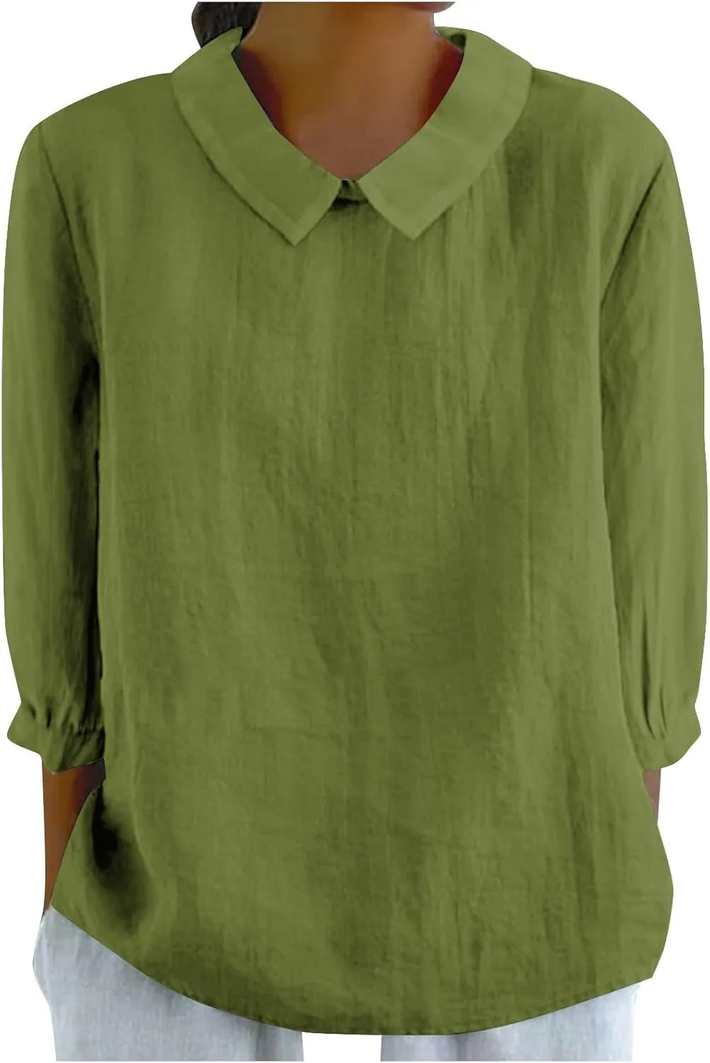 Womens 3/4 Sleeve Linen Shirts Cute Collared Tops Spring Summer Clothes Casual Plain Gauzy Tunic Tshirt Blouses