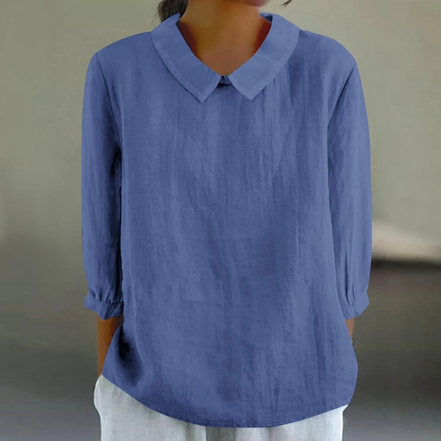 Womens 3/4 Sleeve Linen Shirts Cute Collared Tops Spring Summer Clothes Casual Plain Gauzy Tunic Tshirt Blouses