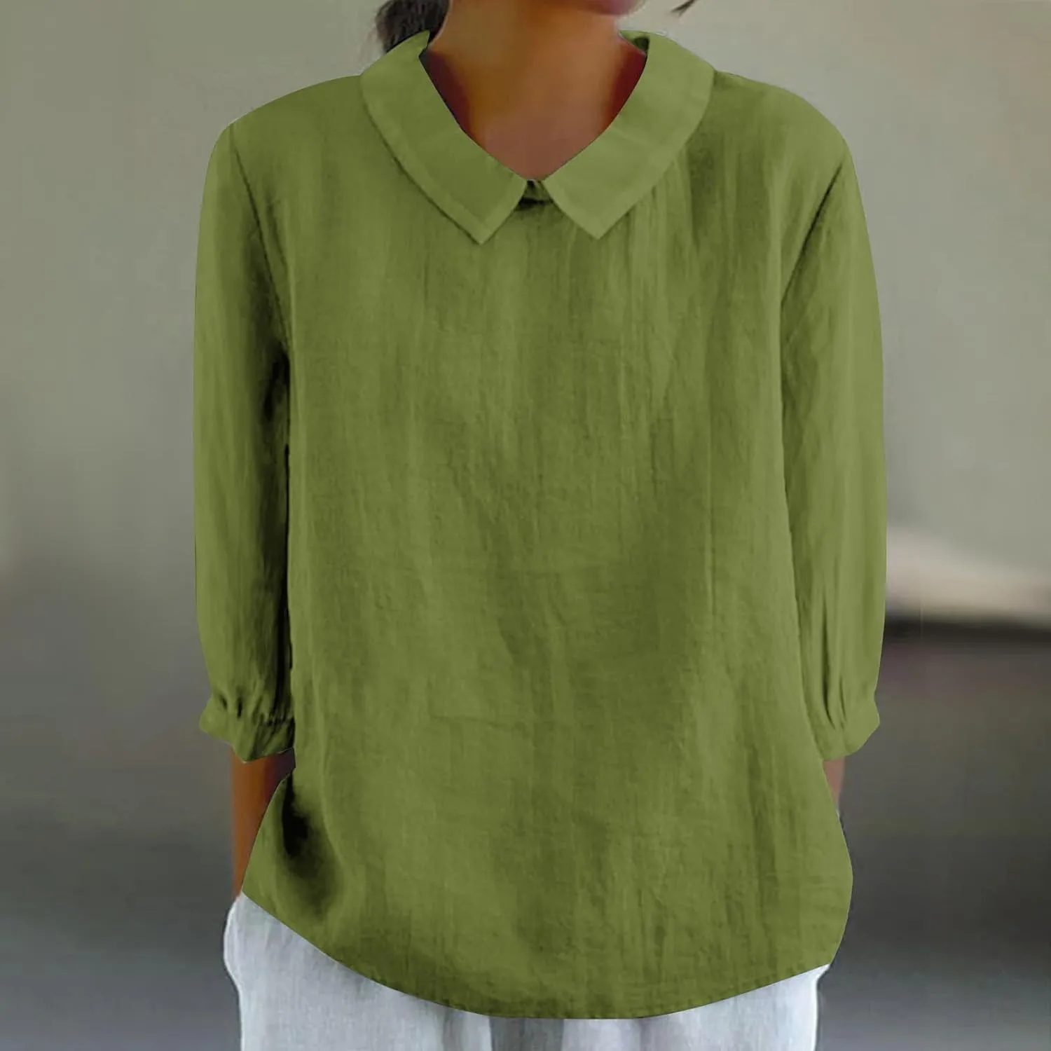 Womens 3/4 Sleeve Linen Shirts Cute Collared Tops Spring Summer Clothes Casual Plain Gauzy Tunic Tshirt Blouses