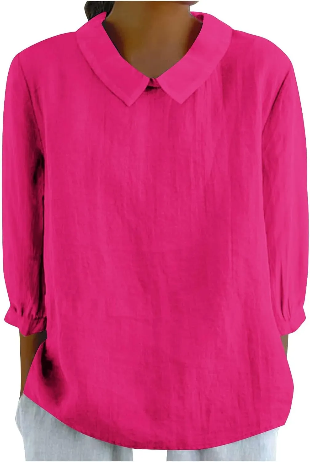 Womens 3/4 Sleeve Linen Shirts Cute Collared Tops Spring Summer Clothes Casual Plain Gauzy Tunic Tshirt Blouses