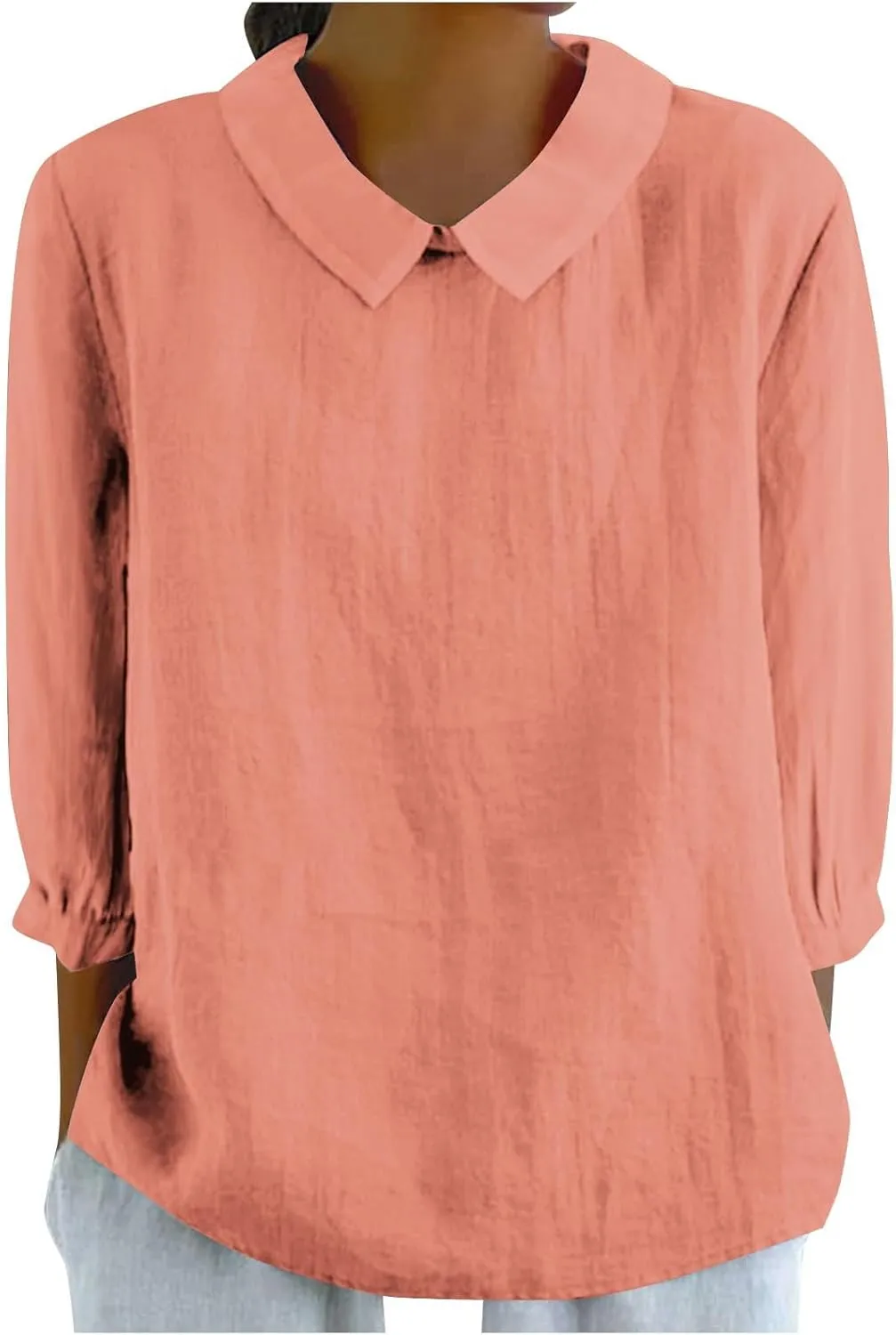 Womens 3/4 Sleeve Linen Shirts Cute Collared Tops Spring Summer Clothes Casual Plain Gauzy Tunic Tshirt Blouses