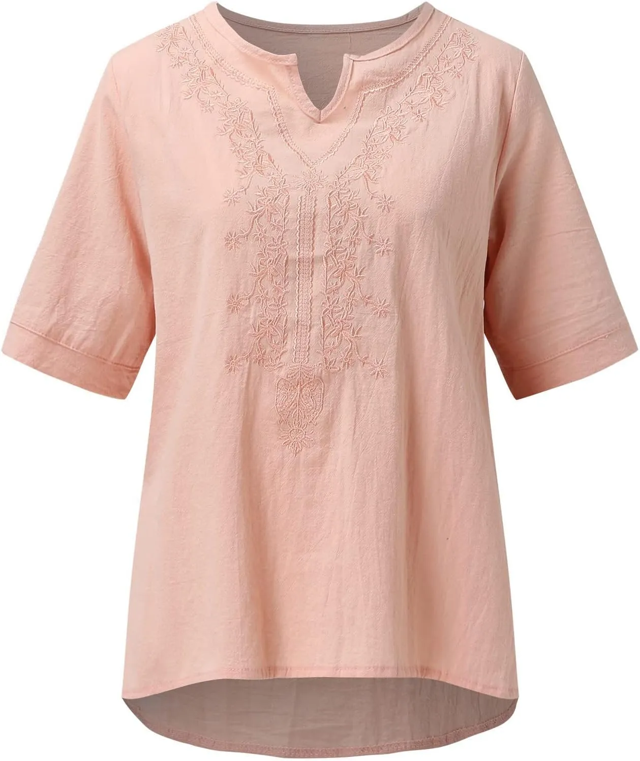 Women's Embroidered Blouse Cotton Linen Short Sleeve Peasant Boho Tunic Tops Casual Notch V Neck Loose Fit T-Shirts