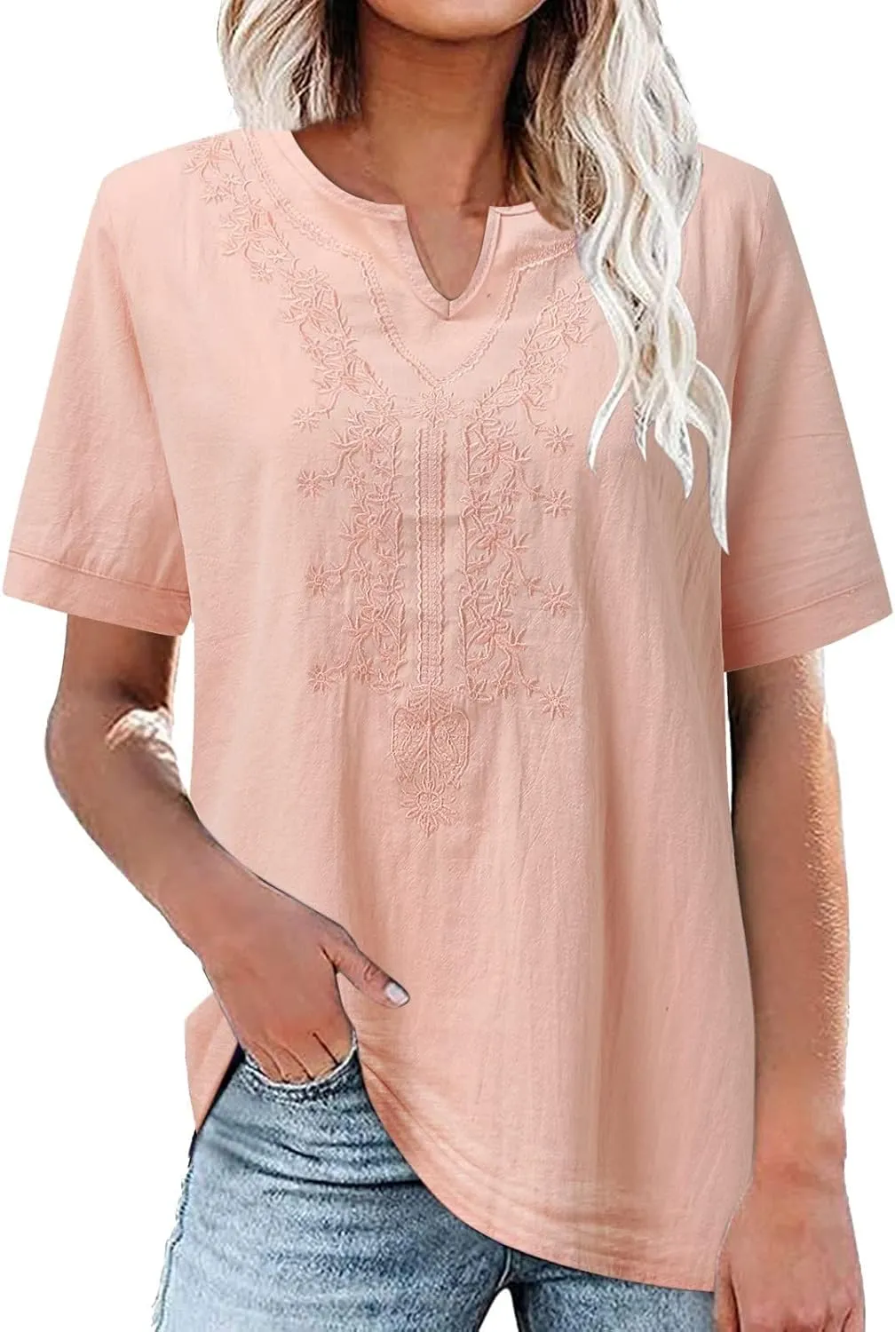 Women's Embroidered Blouse Cotton Linen Short Sleeve Peasant Boho Tunic Tops Casual Notch V Neck Loose Fit T-Shirts