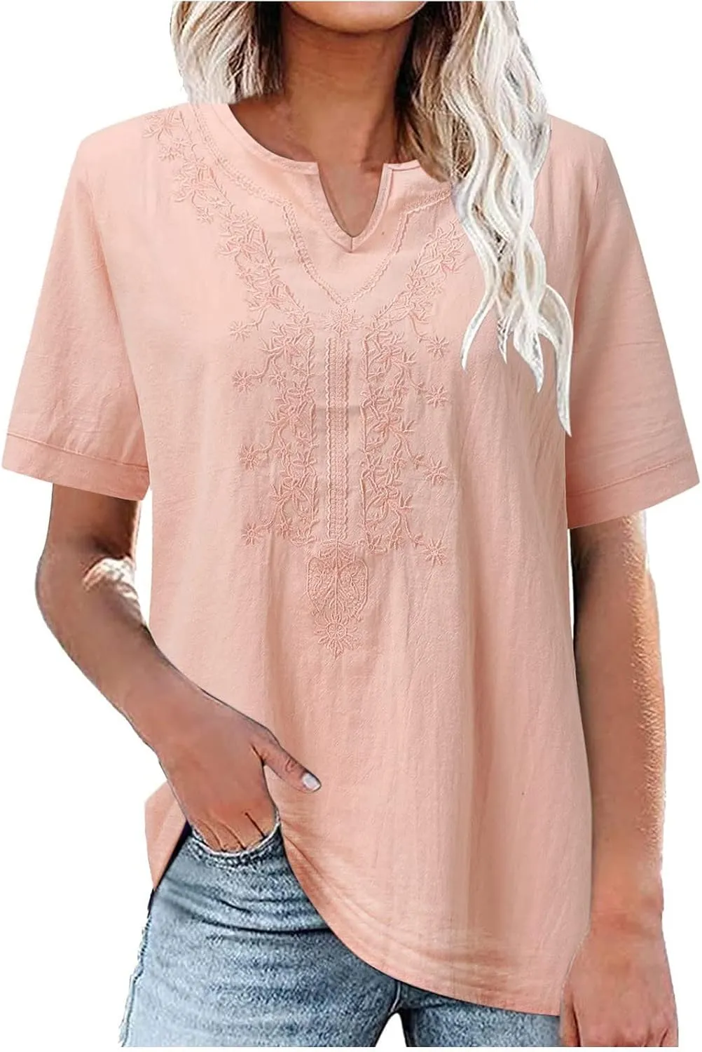 Women's Embroidered Blouse Cotton Linen Short Sleeve Peasant Boho Tunic Tops Casual Notch V Neck Loose Fit T-Shirts