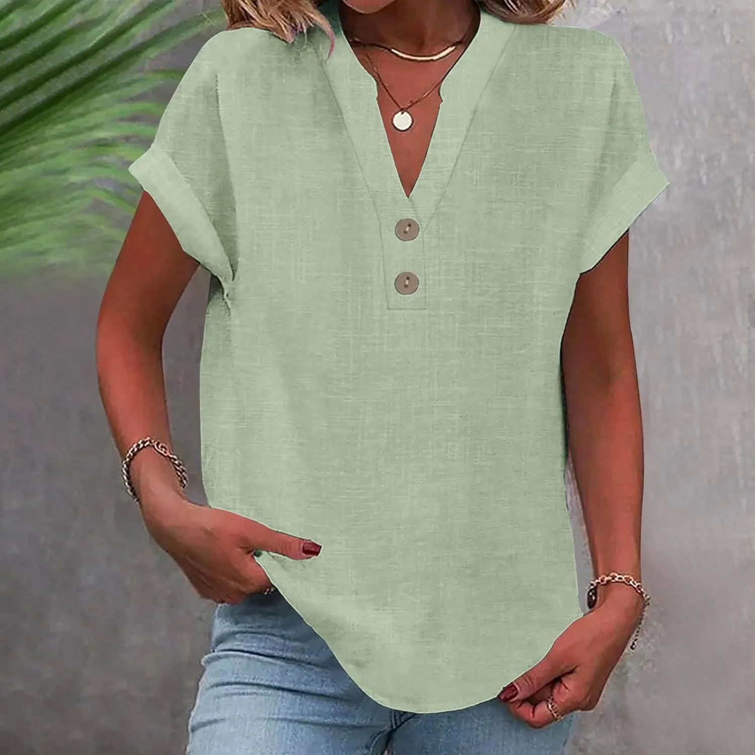 Womens Short Sleeve Linen Shirts Summer Casual Cotton Gauzy Tops Trendy Button V Neck Tunic Work Blouses Loose Fit