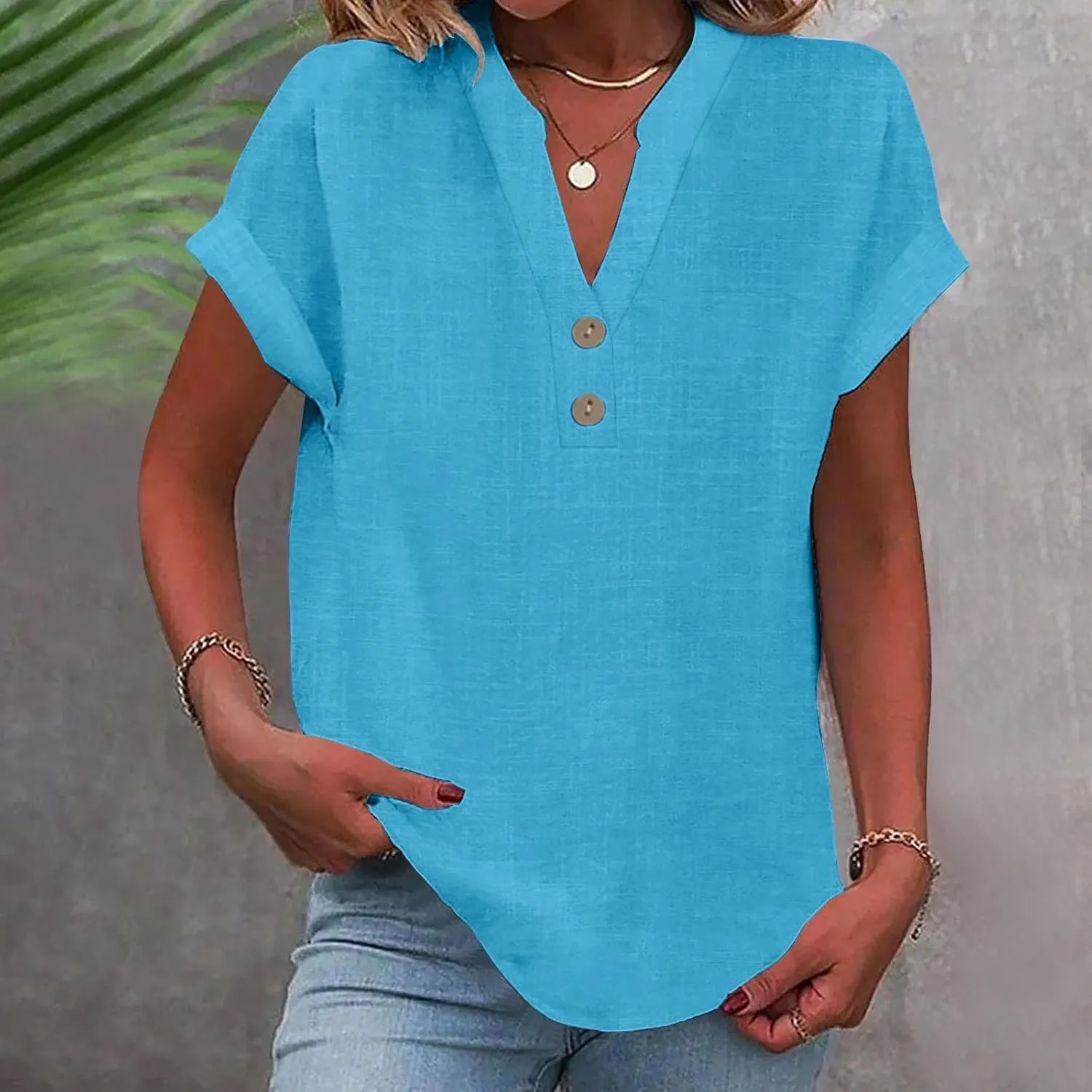 Womens Short Sleeve Linen Shirts Summer Casual Cotton Gauzy Tops Trendy Button V Neck Tunic Work Blouses Loose Fit