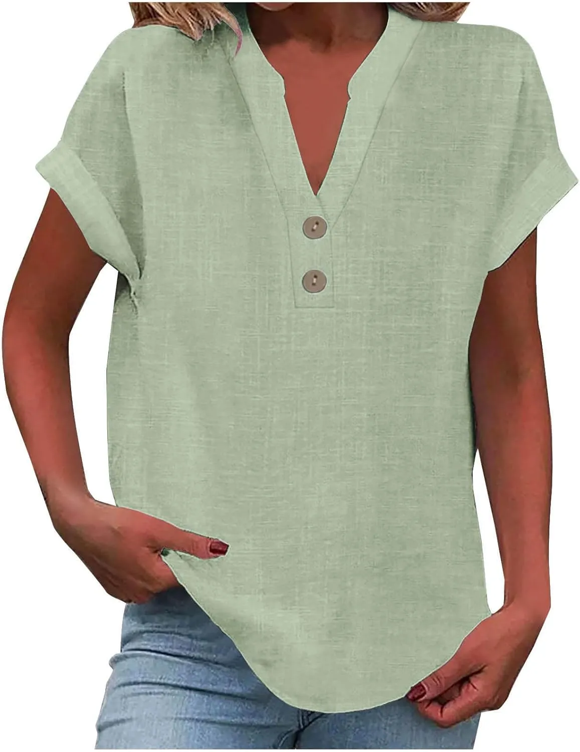 Womens Short Sleeve Linen Shirts Summer Casual Cotton Gauzy Tops Trendy Button V Neck Tunic Work Blouses Loose Fit