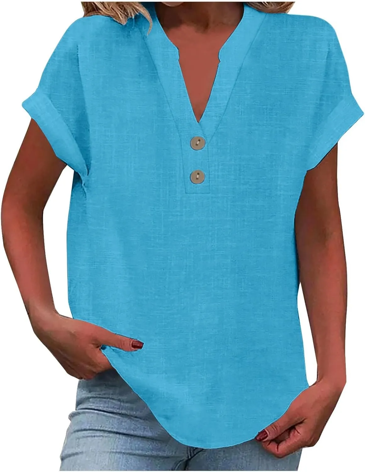 Womens Short Sleeve Linen Shirts Summer Casual Cotton Gauzy Tops Trendy Button V Neck Tunic Work Blouses Loose Fit
