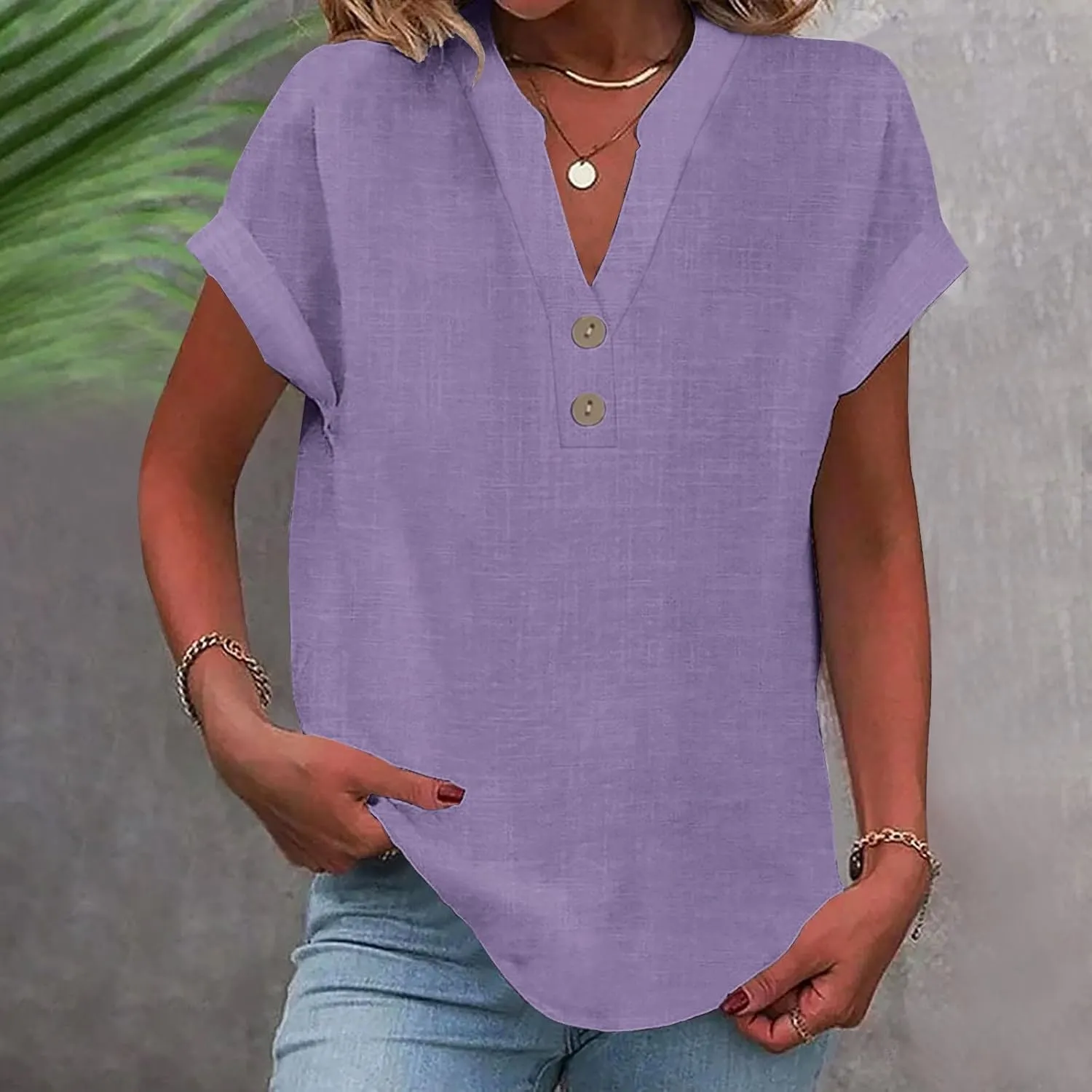 Womens Short Sleeve Linen Shirts Summer Casual Cotton Gauzy Tops Trendy Button V Neck Tunic Work Blouses Loose Fit