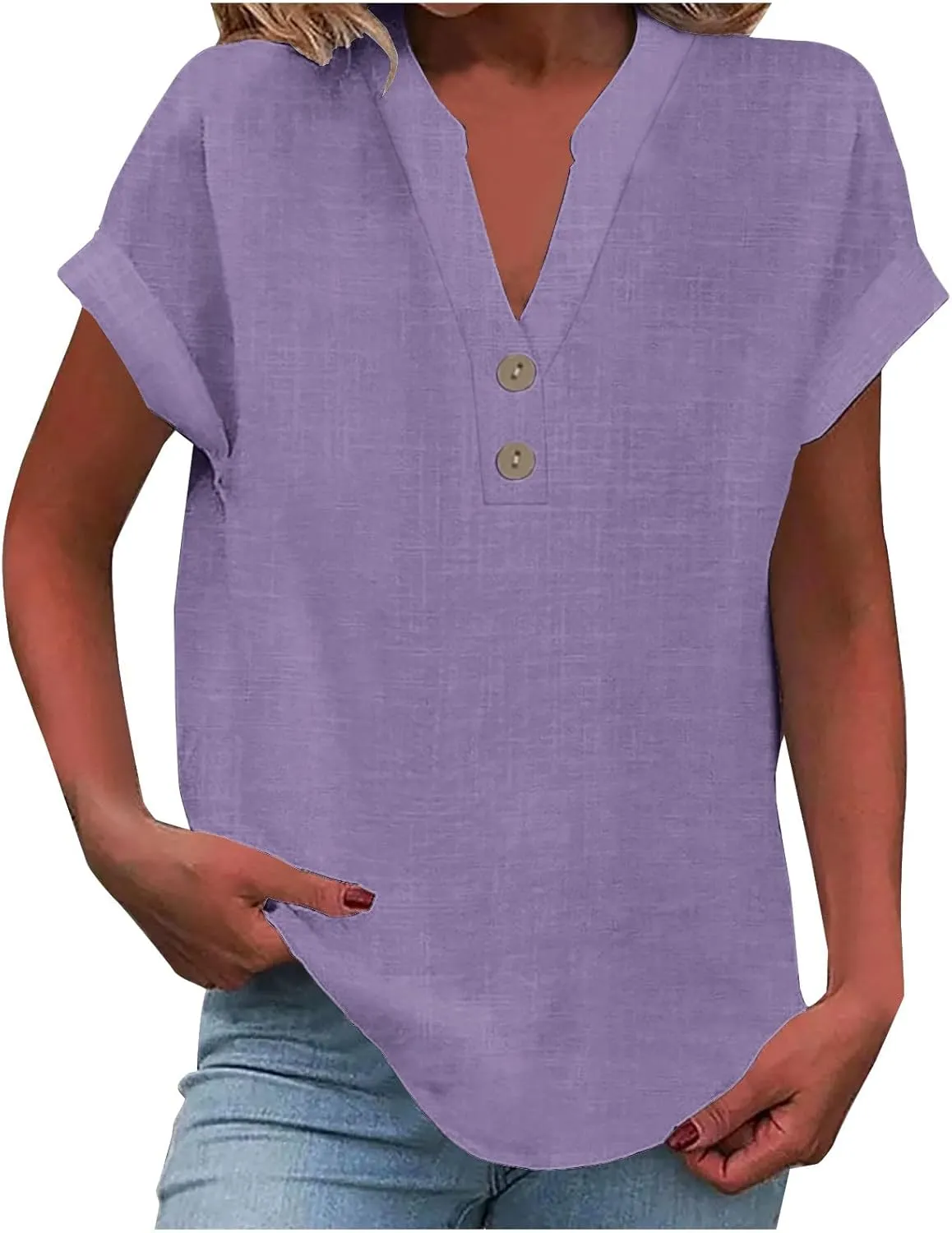Womens Short Sleeve Linen Shirts Summer Casual Cotton Gauzy Tops Trendy Button V Neck Tunic Work Blouses Loose Fit