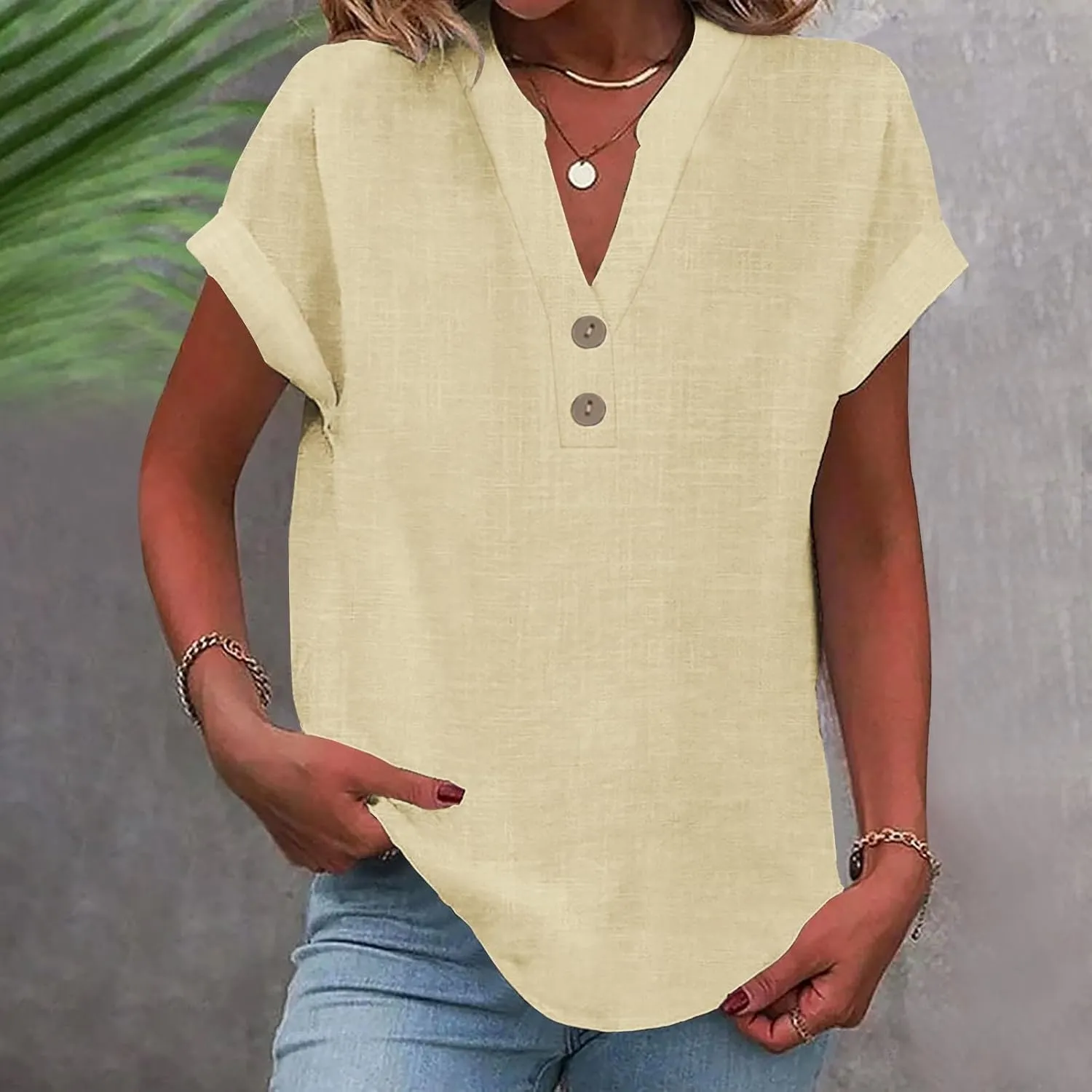 Womens Short Sleeve Linen Shirts Summer Casual Cotton Gauzy Tops Trendy Button V Neck Tunic Work Blouses Loose Fit
