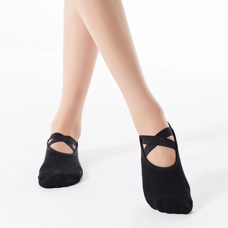 Yoga Socks With Toes Open Toes Or Ballet Slipper Style No Slip Grips Criss Cross Elastic Straps Non Skid Nude Black Light Gray Wine Red Purple Charcoal Or Baby Pink