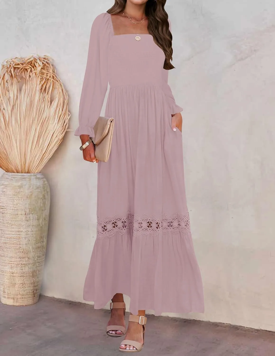 ZESICA Women's 2025 Boho Long Sleeve Square Neck Smocked High Waist Flowy A Line Lace Trim Maxi Dress
