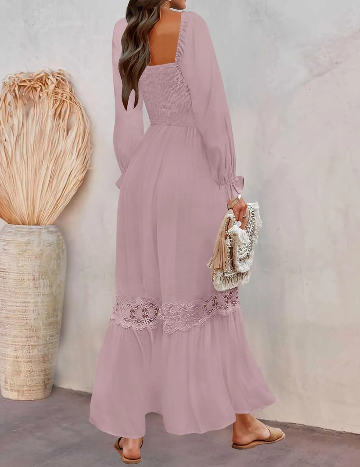 ZESICA Women's 2025 Boho Long Sleeve Square Neck Smocked High Waist Flowy A Line Lace Trim Maxi Dress