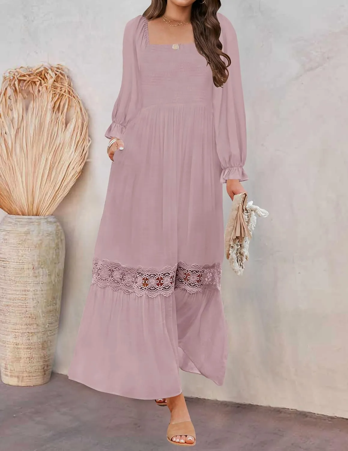 ZESICA Women's 2025 Boho Long Sleeve Square Neck Smocked High Waist Flowy A Line Lace Trim Maxi Dress