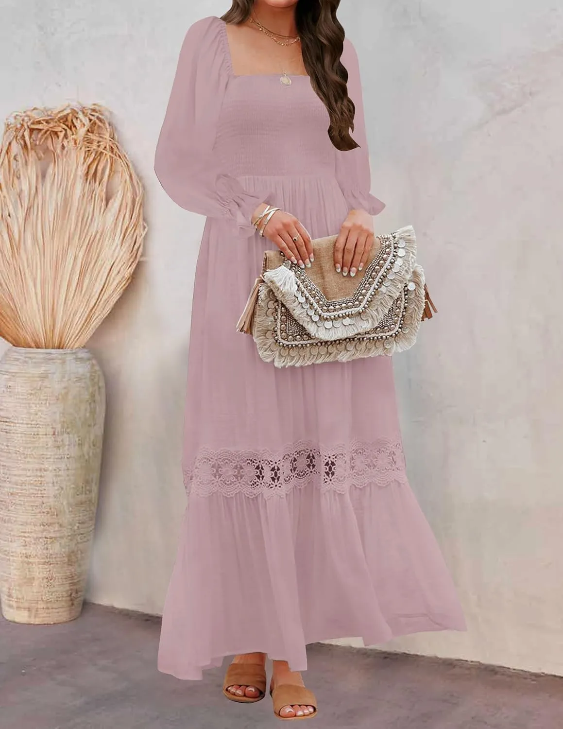 ZESICA Women's 2025 Boho Long Sleeve Square Neck Smocked High Waist Flowy A Line Lace Trim Maxi Dress