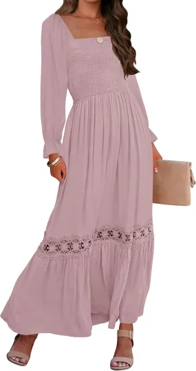ZESICA Women's 2025 Boho Long Sleeve Square Neck Smocked High Waist Flowy A Line Lace Trim Maxi Dress