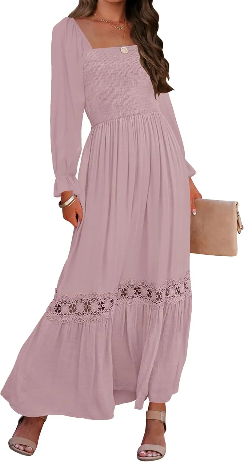 ZESICA Women's 2025 Boho Long Sleeve Square Neck Smocked High Waist Flowy A Line Lace Trim Maxi Dress