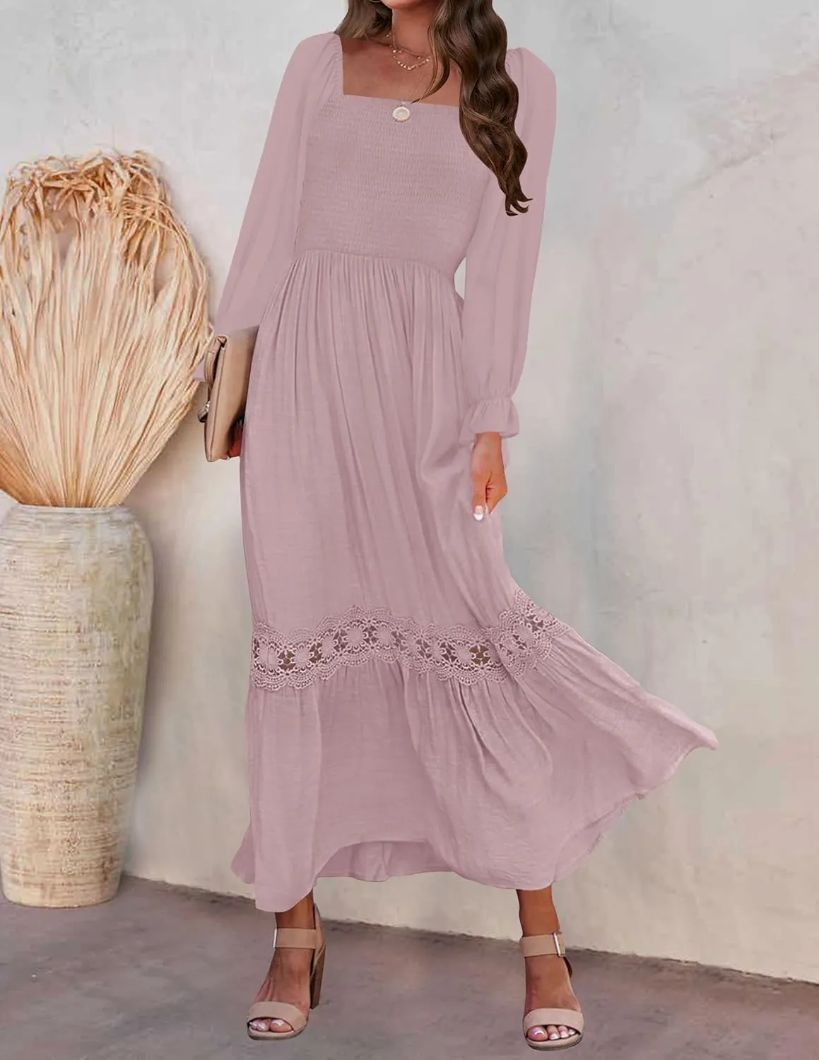 ZESICA Women's 2025 Boho Long Sleeve Square Neck Smocked High Waist Flowy A Line Lace Trim Maxi Dress