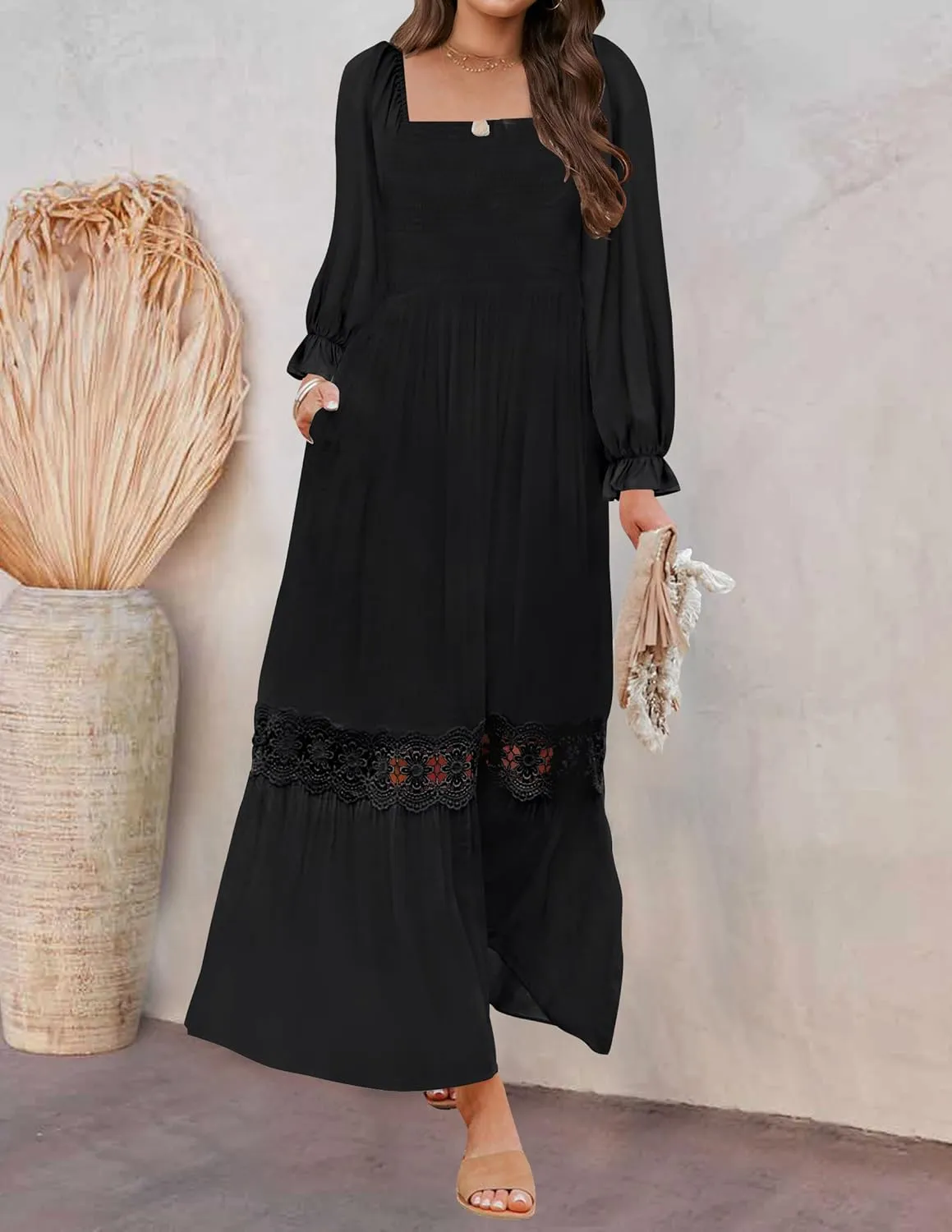 ZESICA Women's 2025 Boho Long Sleeve Square Neck Smocked High Waist Flowy A Line Lace Trim Maxi Dress