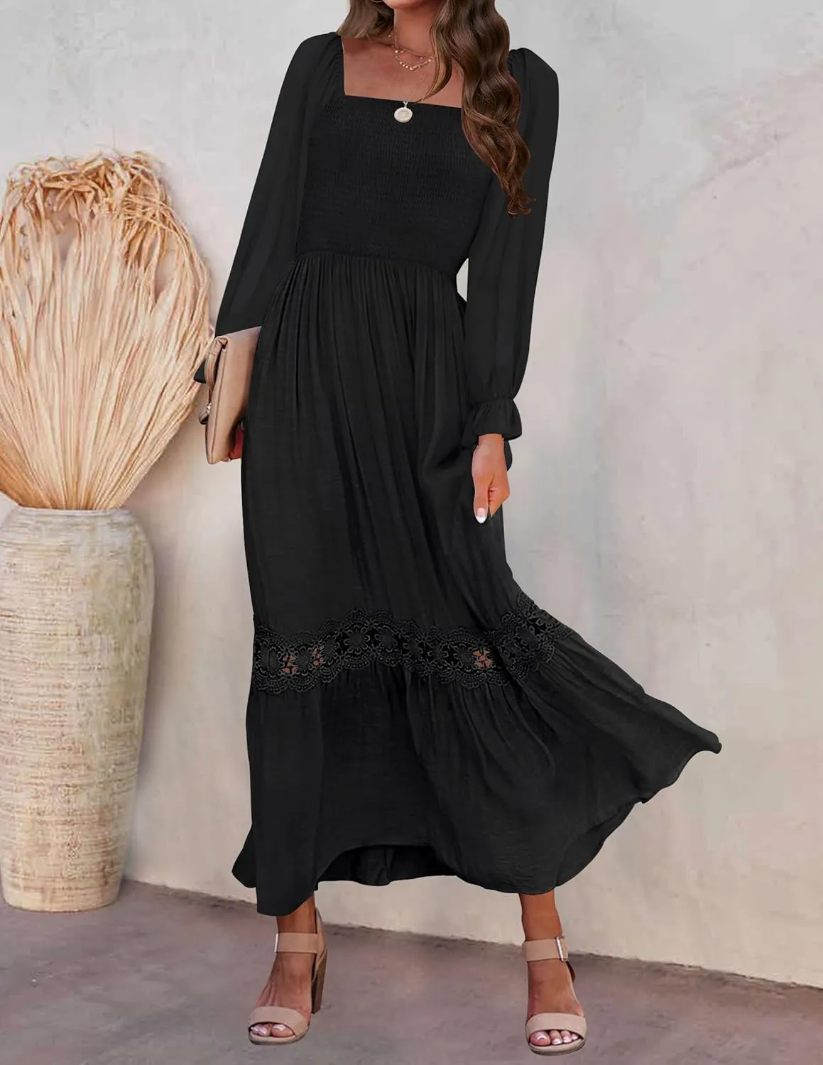 ZESICA Women's 2025 Boho Long Sleeve Square Neck Smocked High Waist Flowy A Line Lace Trim Maxi Dress
