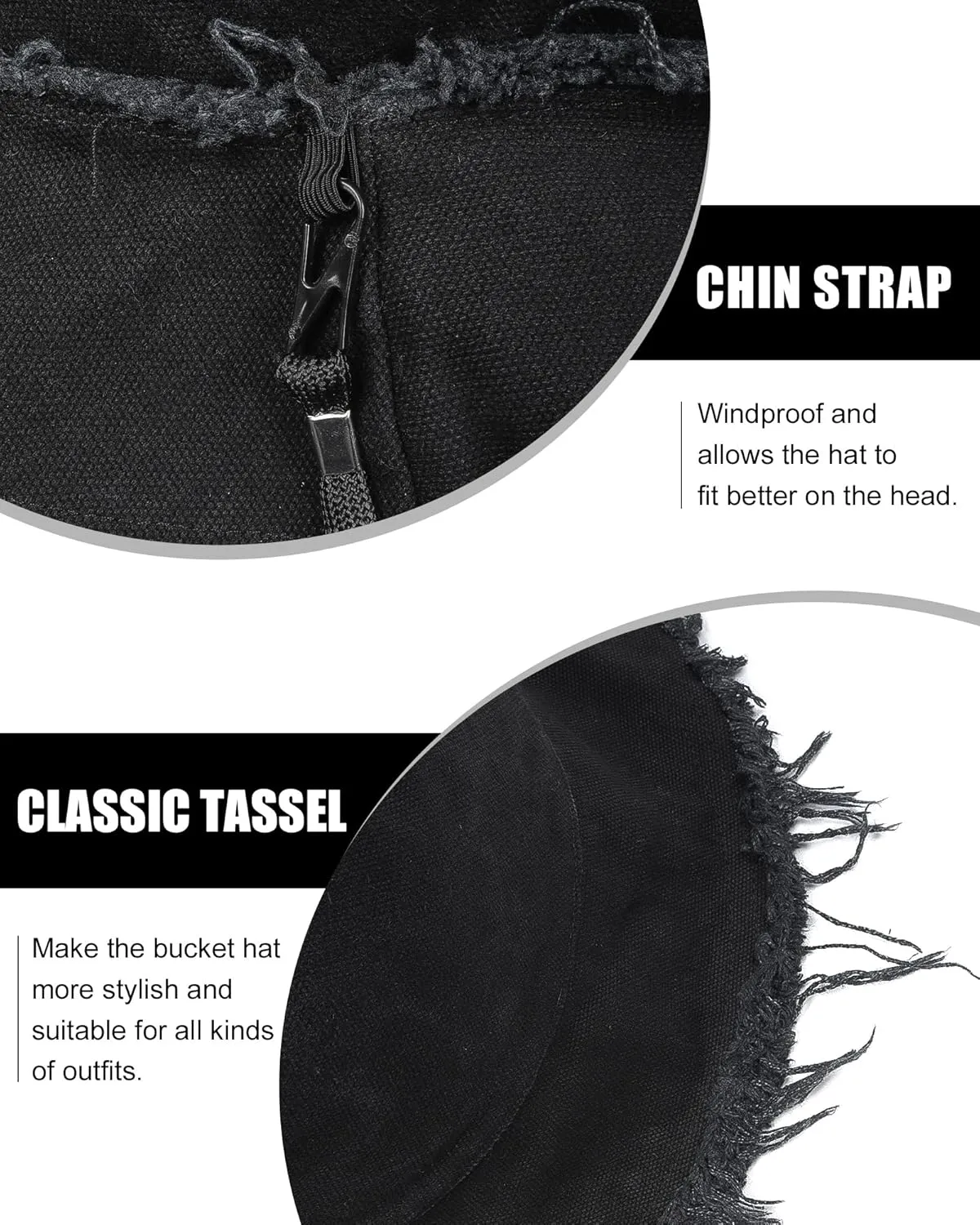 Zylioo 2XL/XL/L Frayed Bucket Hats, M/S/XS Tassel Floppy Travel Hats,2 in 1 Cute Fringe Fishing Sun Hat Small Heads